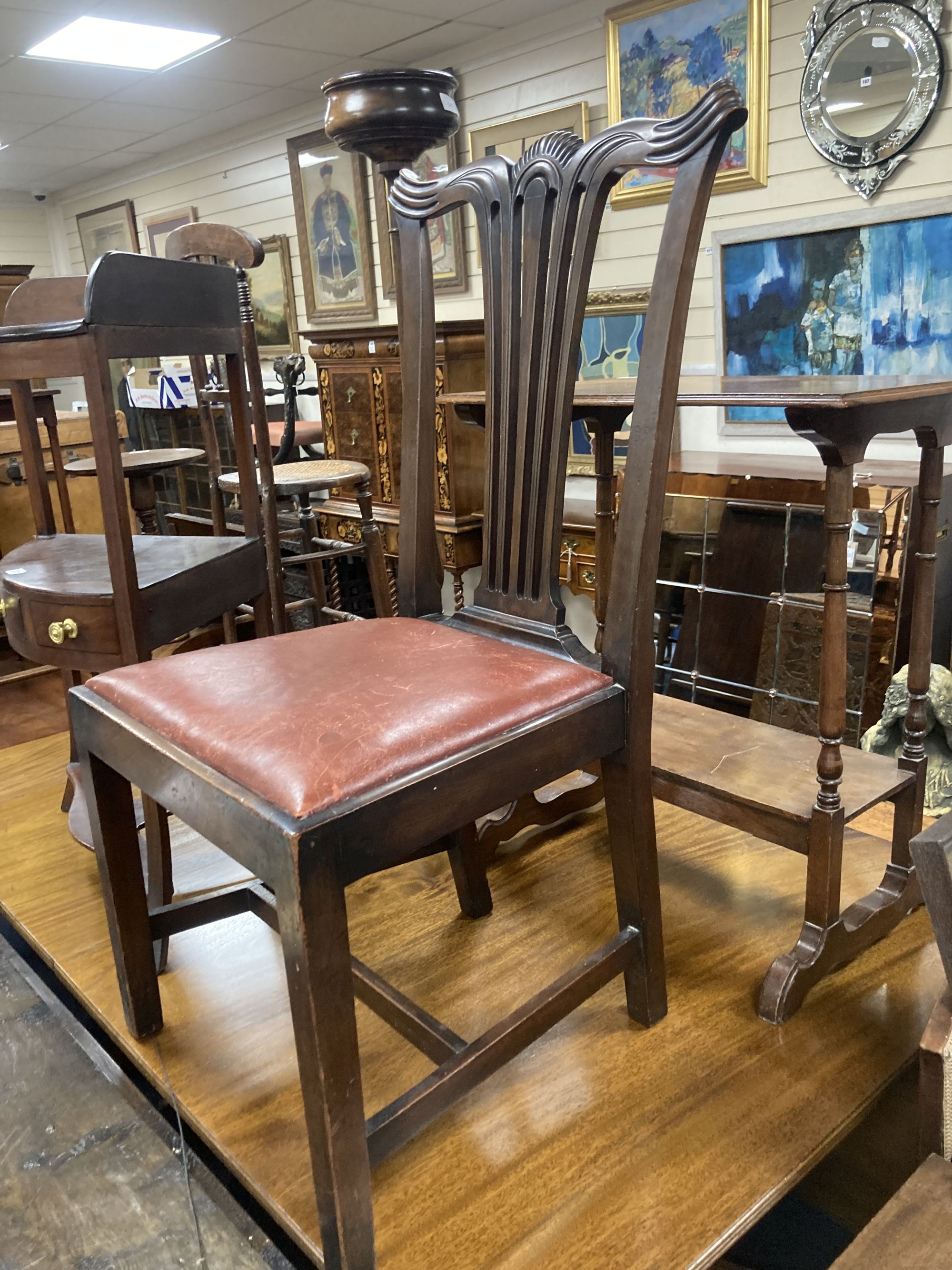 A George III mahogany corner washstand, width 55cm, depth 37cm, height 90cm, together with a dining chair